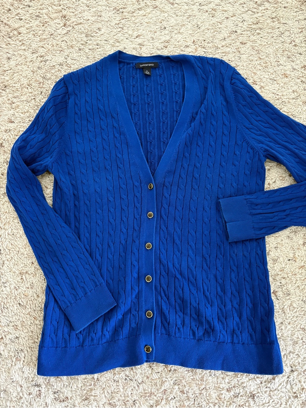 Lands End Cable Knit Cardigan Sweater Royal Blue Size Large Preppy 100% Cotton
